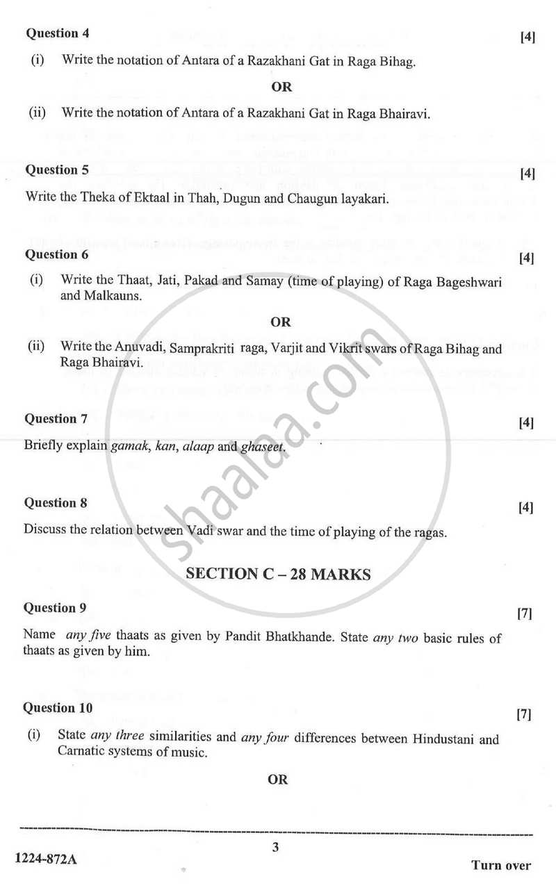 Indian Music - Hindustani (Theory) 2023-2024 - I.S.C. - Class 12 - CISCE (Council for the Indian School Certificate Examinations) question paper with PDF download