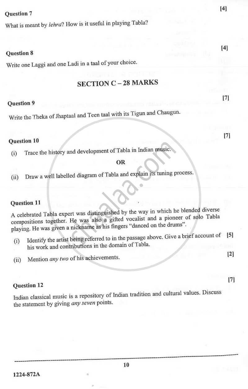 Indian Music - Hindustani (Theory) 2023-2024 - I.S.C. - Class 12 - CISCE (Council for the Indian School Certificate Examinations) question paper with PDF download
