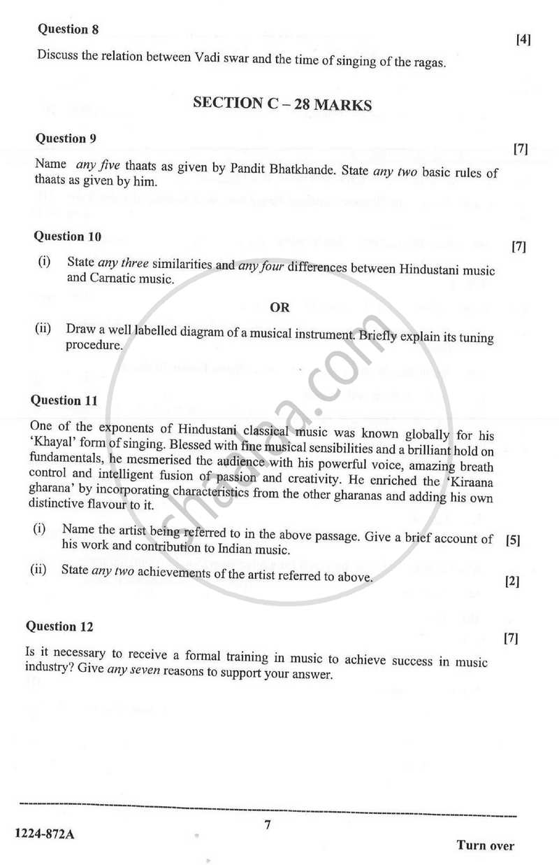 Indian Music - Hindustani (Theory) 2023-2024 - I.S.C. - Class 12 - CISCE (Council for the Indian School Certificate Examinations) question paper with PDF download