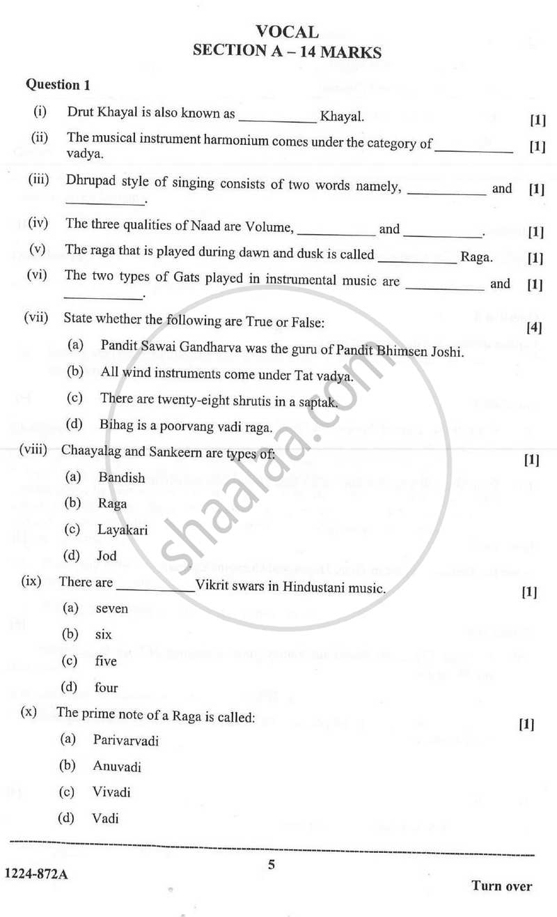 Indian Music - Hindustani (Theory) 2023-2024 - I.S.C. - Class 12 - CISCE (Council for the Indian School Certificate Examinations) question paper with PDF download