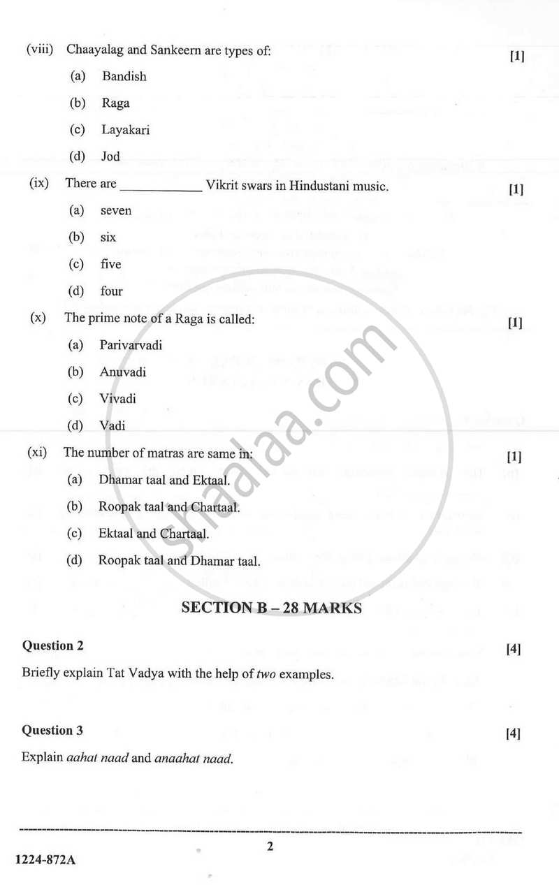 Indian Music - Hindustani (Theory) 2023-2024 - I.S.C. - Class 12 - CISCE (Council for the Indian School Certificate Examinations) question paper with PDF download