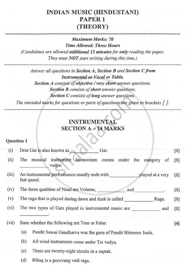 Indian Music - Hindustani (Theory) 2023-2024 - I.S.C. - Class 12 - CISCE (Council for the Indian School Certificate Examinations) question paper with PDF download