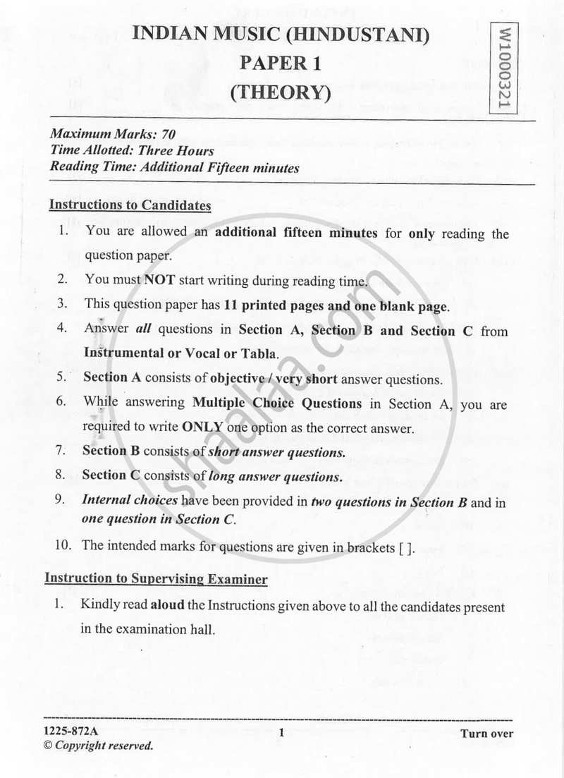 Indian Music - Hindustani (Theory) 2024-2025 - I.S.C. - Class 12 - CISCE (Council for the Indian School Certificate Examinations) question paper with PDF download
