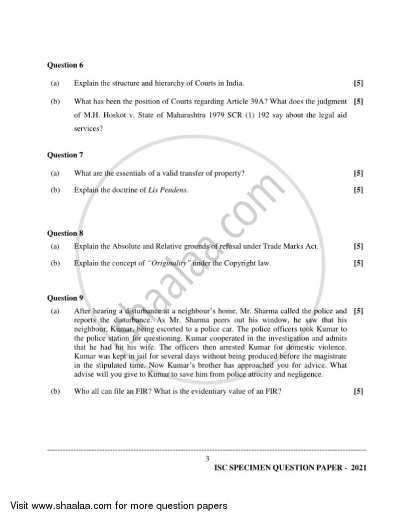 Legal Studies 2020-2021 - I.S.C. - Class 12 - CISCE (Council for the Indian School Certificate Examinations) question paper with PDF download