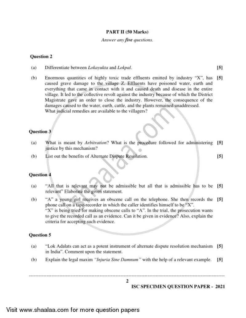 Legal Studies 2020-2021 - I.S.C. - Class 12 - CISCE (Council for the Indian School Certificate Examinations) question paper with PDF download