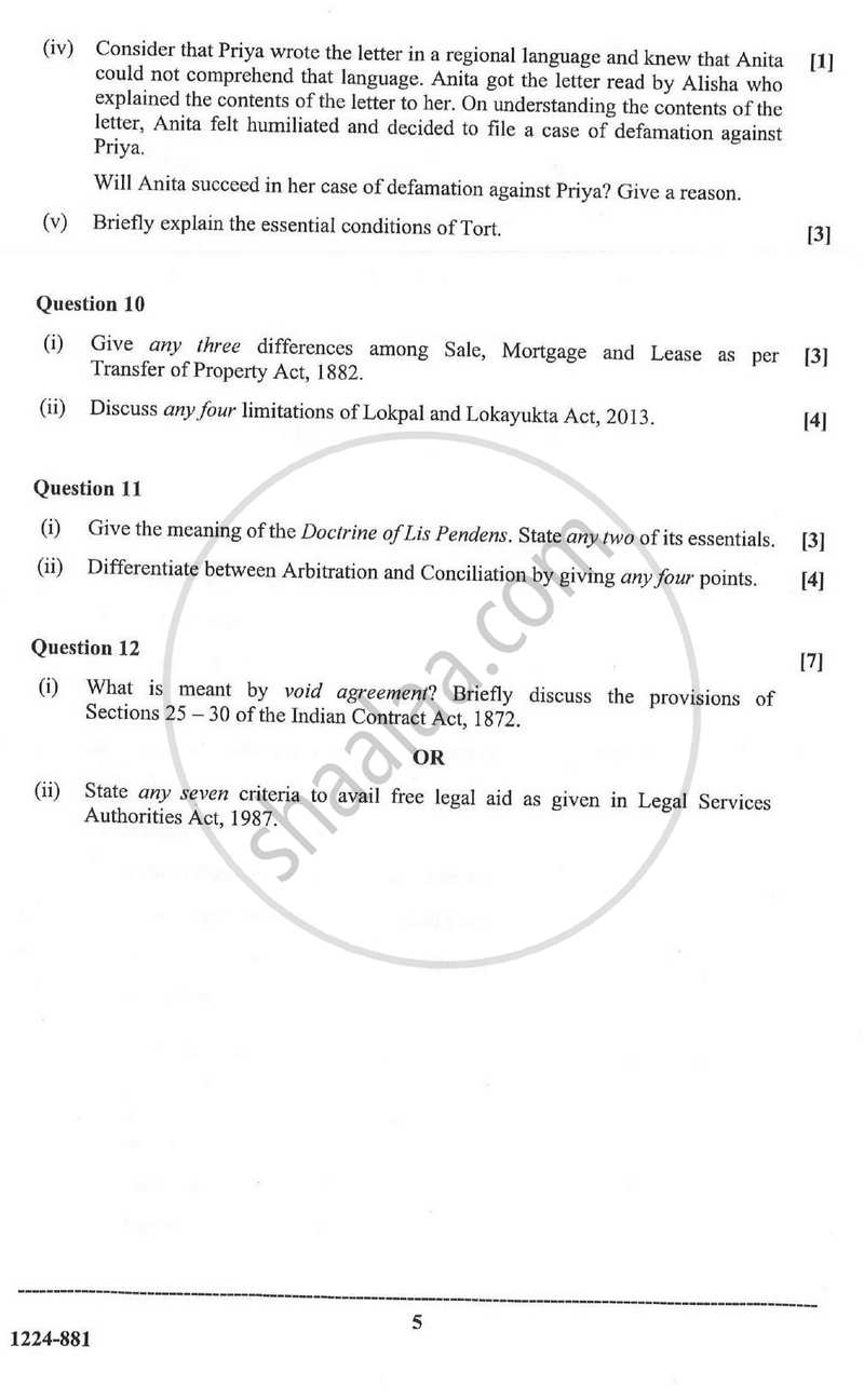 Legal Studies 2023-2024 - I.S.C. - Class 12 - CISCE (Council for the Indian School Certificate Examinations) question paper with PDF download