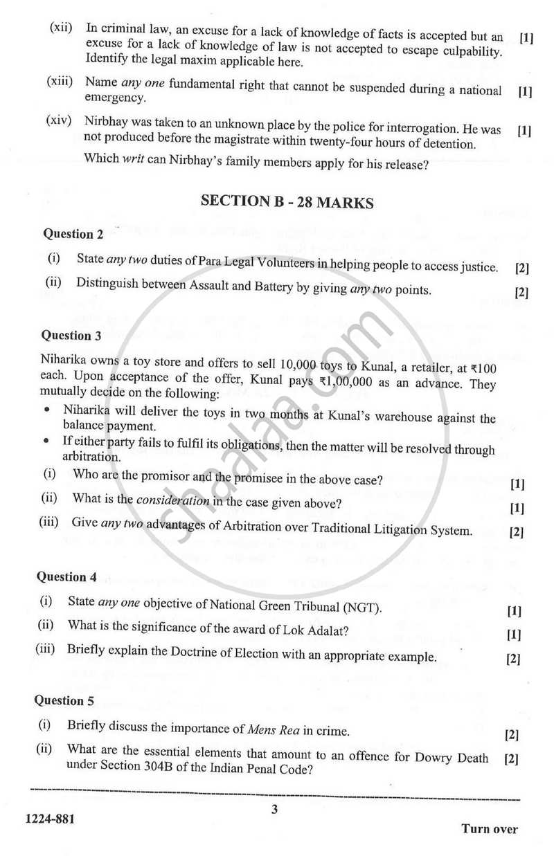 Legal Studies 2023-2024 - I.S.C. - Class 12 - CISCE (Council for the Indian School Certificate Examinations) question paper with PDF download
