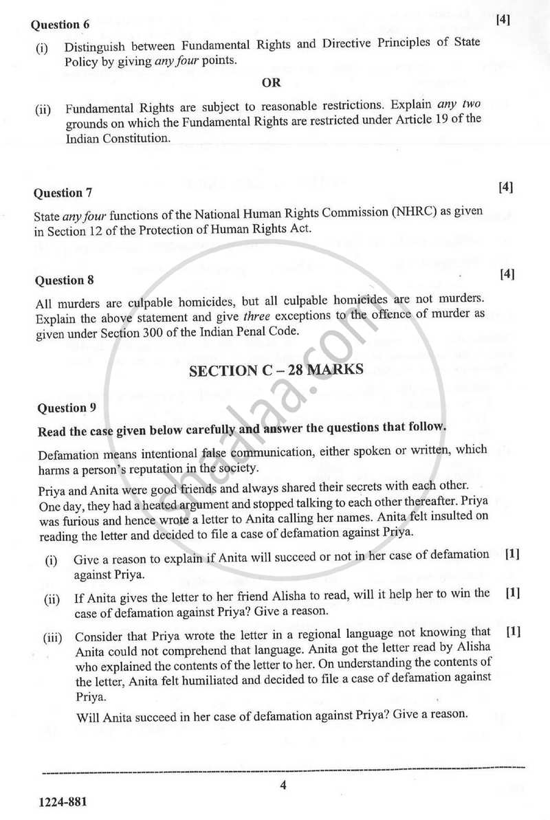 Legal Studies 2023-2024 - I.S.C. - Class 12 - CISCE (Council for the Indian School Certificate Examinations) question paper with PDF download