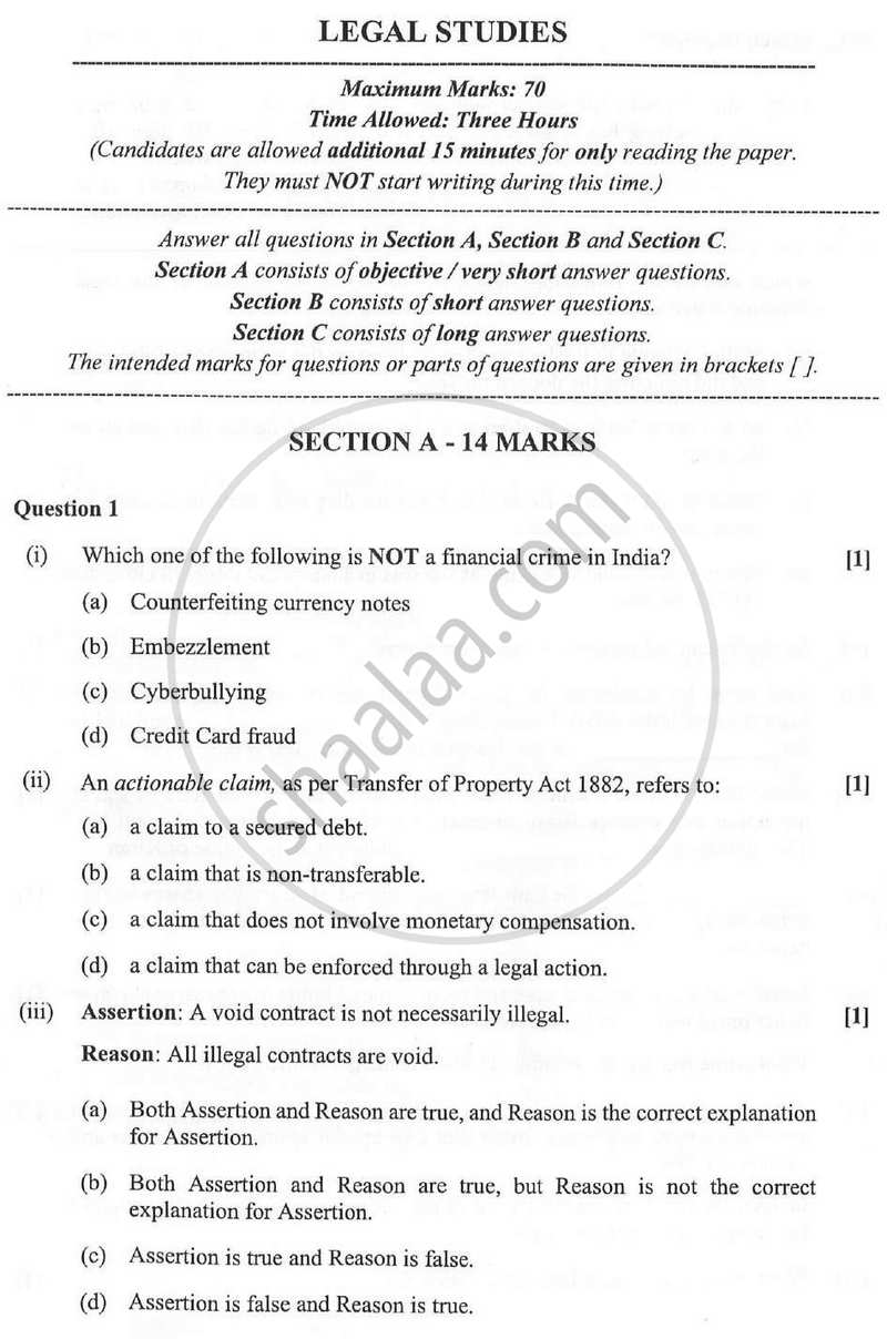 Legal Studies 2023-2024 - I.S.C. - Class 12 - CISCE (Council for the Indian School Certificate Examinations) question paper with PDF download