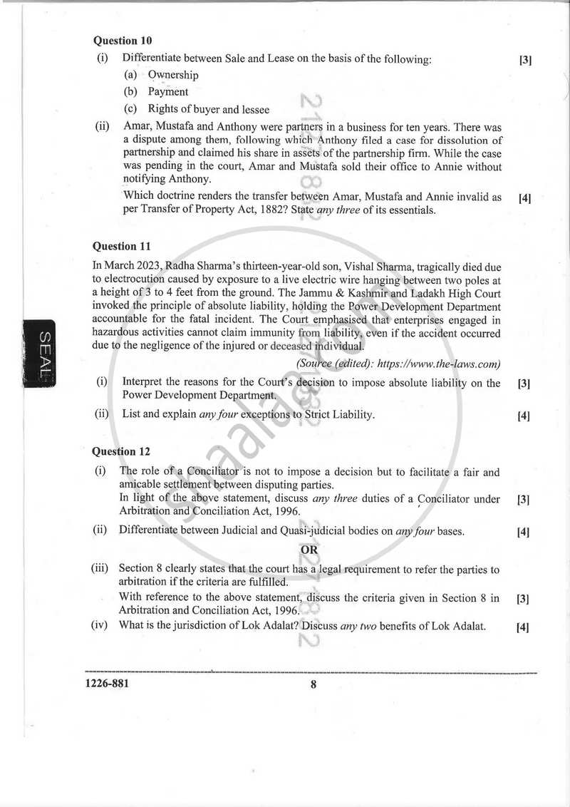 Legal Studies 2025-2026 - I.S.C. - Class 12 - CISCE (Council for the Indian School Certificate Examinations) question paper with PDF download