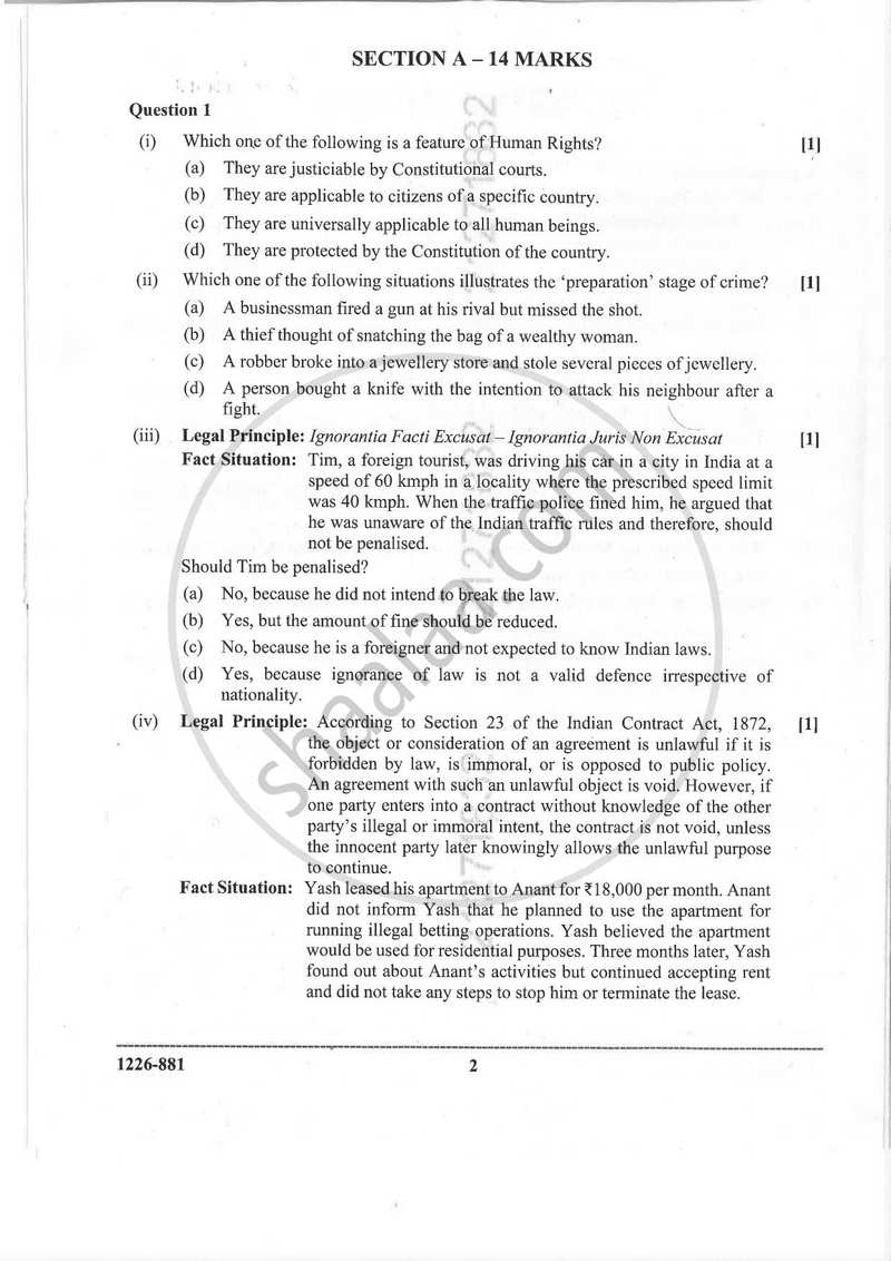 Legal Studies 2025-2026 - I.S.C. - Class 12 - CISCE (Council for the Indian School Certificate Examinations) question paper with PDF download