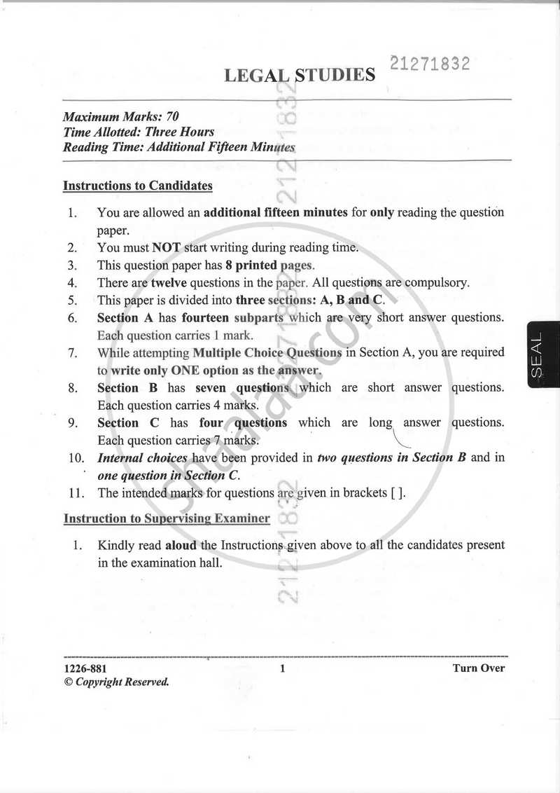 Legal Studies 2025-2026 - I.S.C. - Class 12 - CISCE (Council for the Indian School Certificate Examinations) question paper with PDF download
