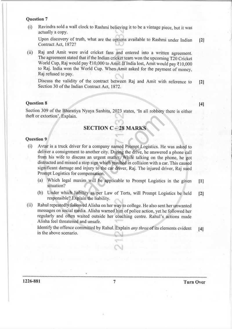 Legal Studies 2025-2026 - I.S.C. - Class 12 - CISCE (Council for the Indian School Certificate Examinations) question paper with PDF download