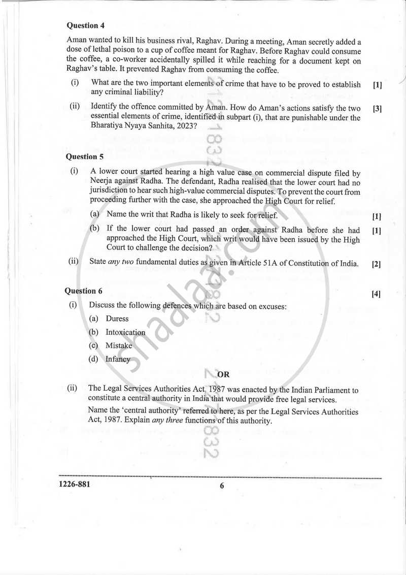 Legal Studies 2025-2026 - I.S.C. - Class 12 - CISCE (Council for the Indian School Certificate Examinations) question paper with PDF download
