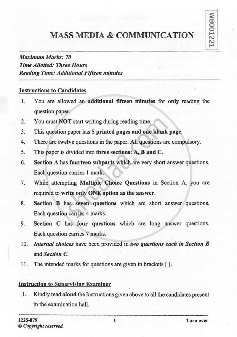 Mass Media and Communication 2024-2025 - I.S.C. - Class 12 - CISCE (Council for the Indian School Certificate Examinations) question paper with PDF download