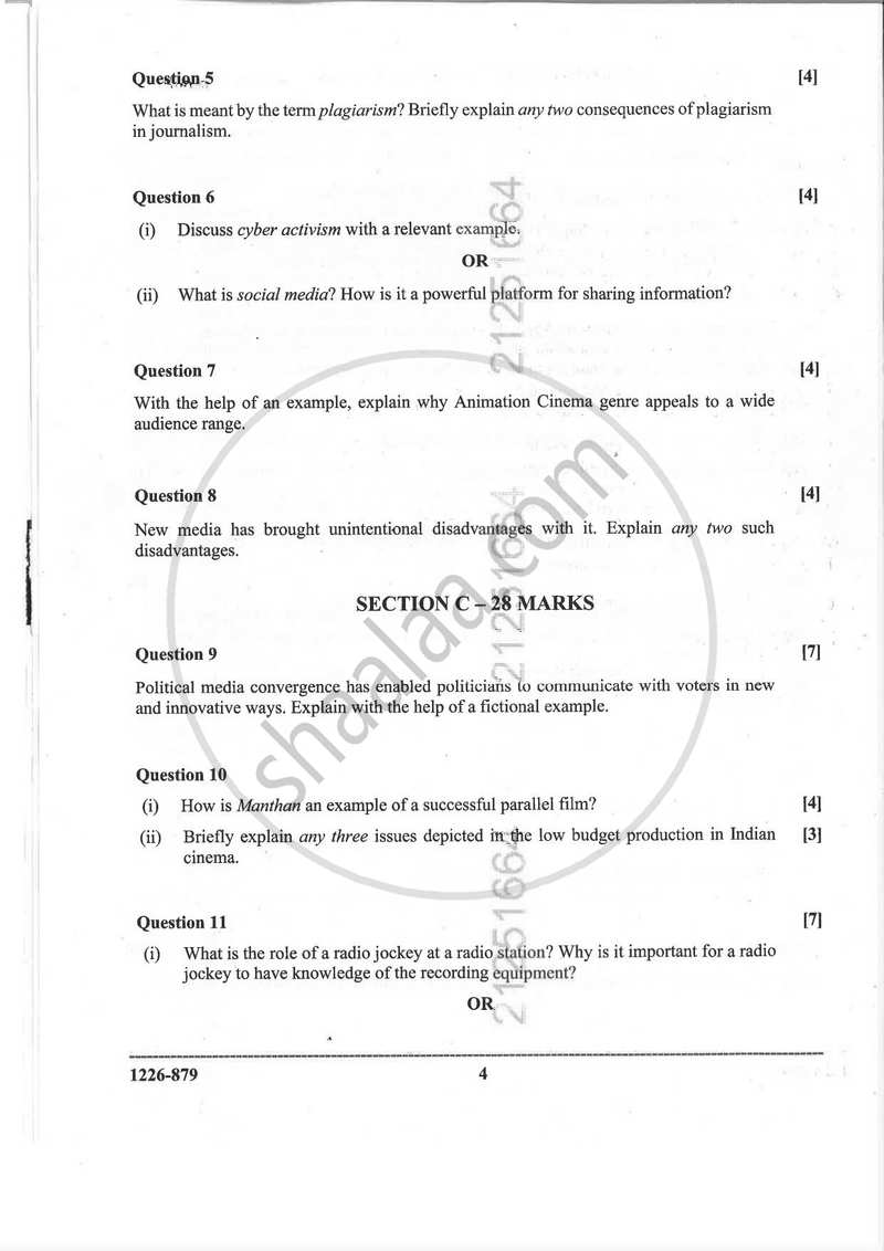 Mass Media and Communication 2025-2026 - I.S.C. - Class 12 - CISCE (Council for the Indian School Certificate Examinations) question paper with PDF download