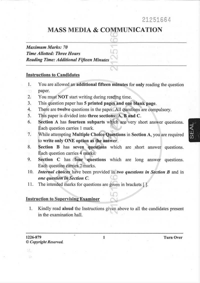 Mass Media and Communication 2025-2026 - I.S.C. - Class 12 - CISCE (Council for the Indian School Certificate Examinations) question paper with PDF download
