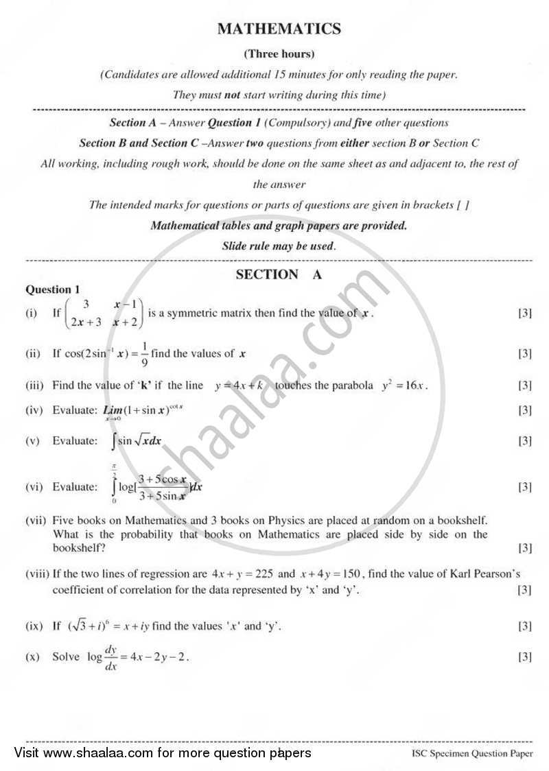 Mathematics 2010-2011 - I.S.C. - Class 12 - CISCE (Council for the Indian School Certificate Examinations) question paper with PDF download