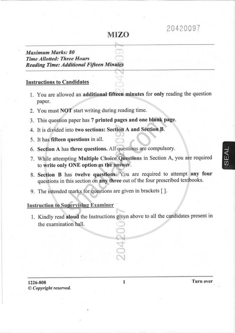 Mizo (Indian Languages) 2025-2026 - I.S.C. - Class 12 - CISCE (Council for the Indian School Certificate Examinations) question paper with PDF download