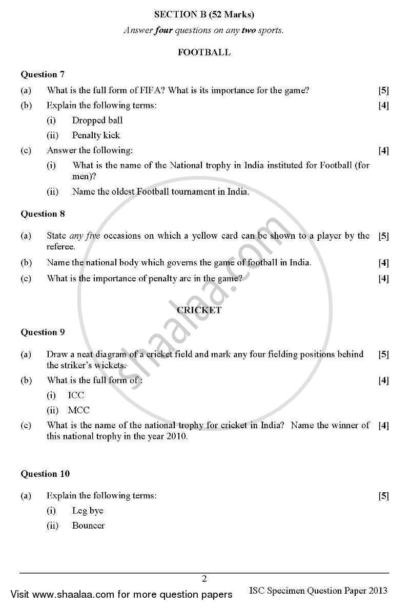 Physical Education (Theory) 2012-2013 - I.S.C. - Class 12 - CISCE (Council for the Indian School Certificate Examinations) question paper with PDF download