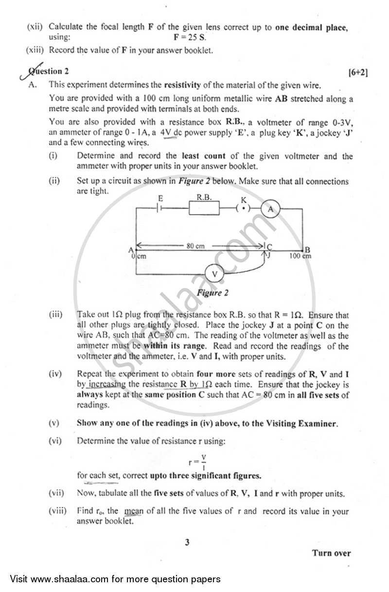 Physics (Practical) 2014-2015 - I.S.C. - Class 12 - CISCE (Council for the Indian School Certificate Examinations) question paper with PDF download