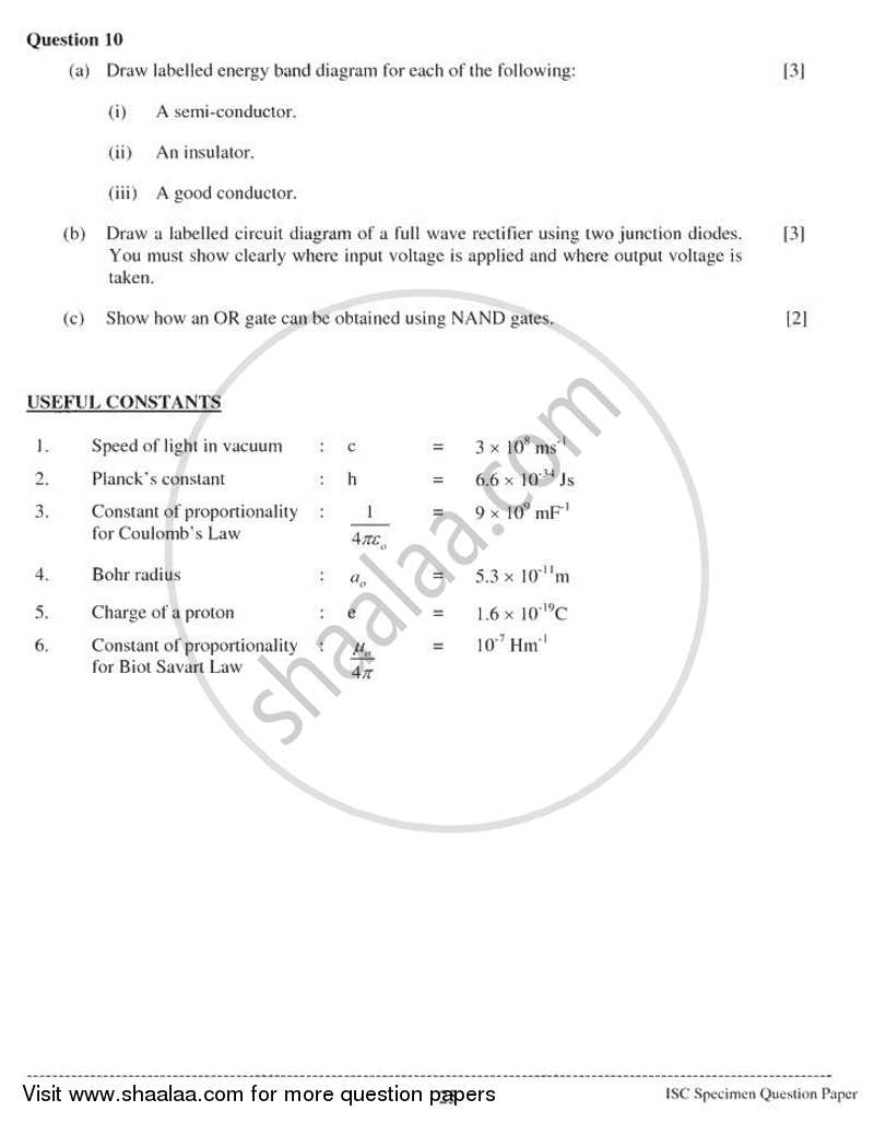 Physics (Theory) 2010-2011 - I.S.C. - Class 12 - CISCE (Council for the Indian School Certificate Examinations) question paper with PDF download