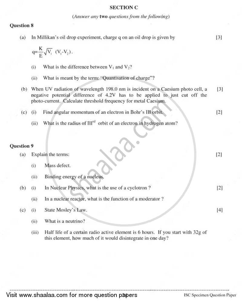 Physics (Theory) 2010-2011 - I.S.C. - Class 12 - CISCE (Council for the Indian School Certificate Examinations) question paper with PDF download