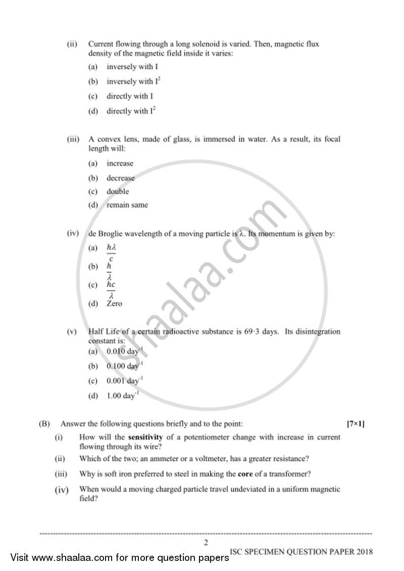 Physics (Theory) 2017-2018 - I.S.C. - Class 12 - CISCE (Council for the Indian School Certificate Examinations) question paper with PDF download