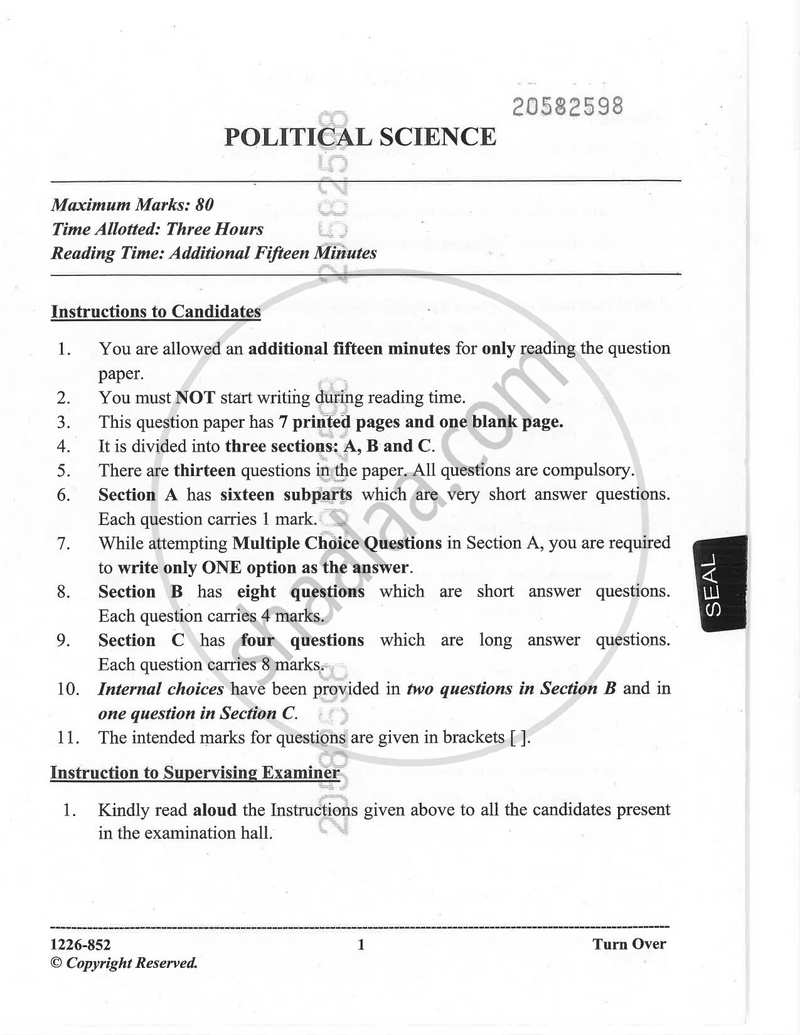 Political Science 2025-2026 - I.S.C. - Class 12 - CISCE (Council for the Indian School Certificate Examinations) question paper with PDF download