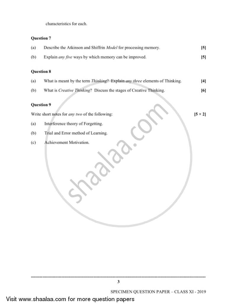 Psychology 2018-2019 - I.S.C. - Class 11 - CISCE (Council for the Indian School Certificate Examinations) question paper with PDF download