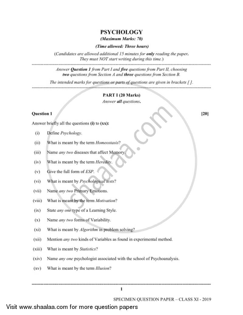 Psychology 2018-2019 - I.S.C. - Class 11 - CISCE (Council for the Indian School Certificate Examinations) question paper with PDF download