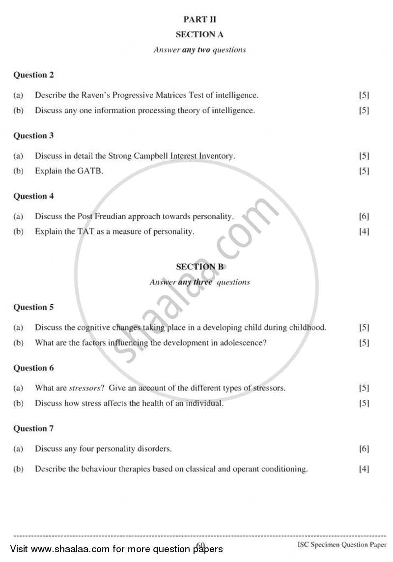 Psychology 2010-2011 - I.S.C. - Class 12 - CISCE (Council for the Indian School Certificate Examinations) question paper with PDF download