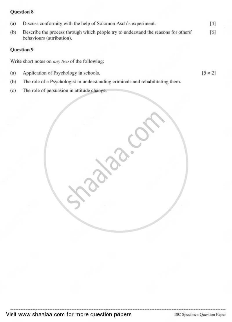 Psychology 2010-2011 - I.S.C. - Class 12 - CISCE (Council for the Indian School Certificate Examinations) question paper with PDF download