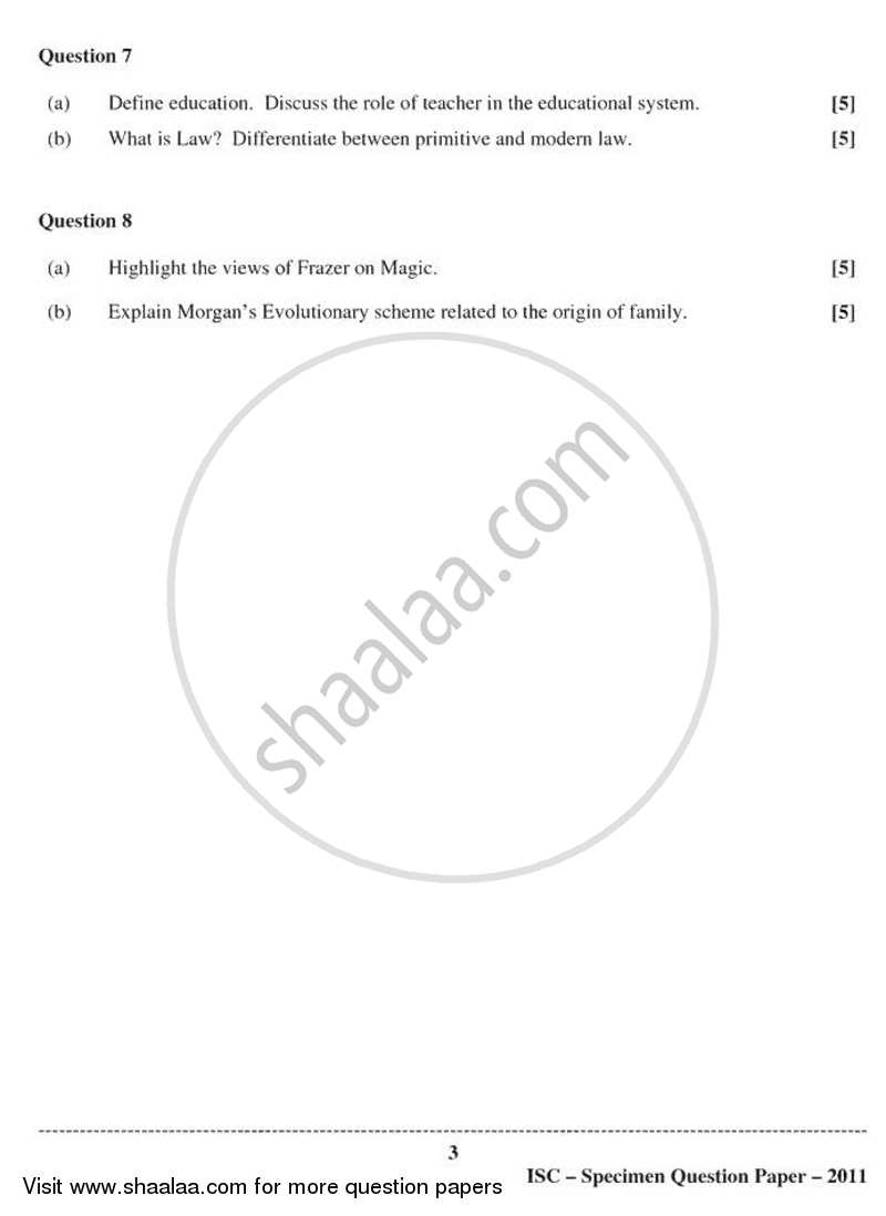 Sociology 2010-2011 - I.S.C. - Class 12 - CISCE (Council for the Indian School Certificate Examinations) question paper with PDF download