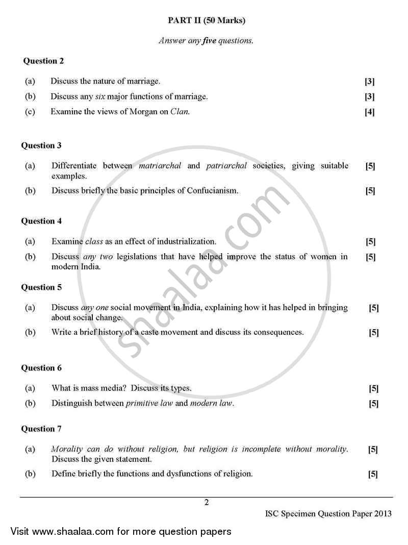 Sociology 2012-2013 - I.S.C. - Class 12 - CISCE (Council for the Indian School Certificate Examinations) question paper with PDF download
