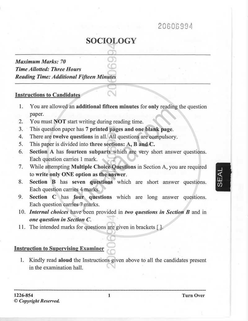 Sociology 2025-2026 - I.S.C. - Class 12 - CISCE (Council for the Indian School Certificate Examinations) question paper with PDF download