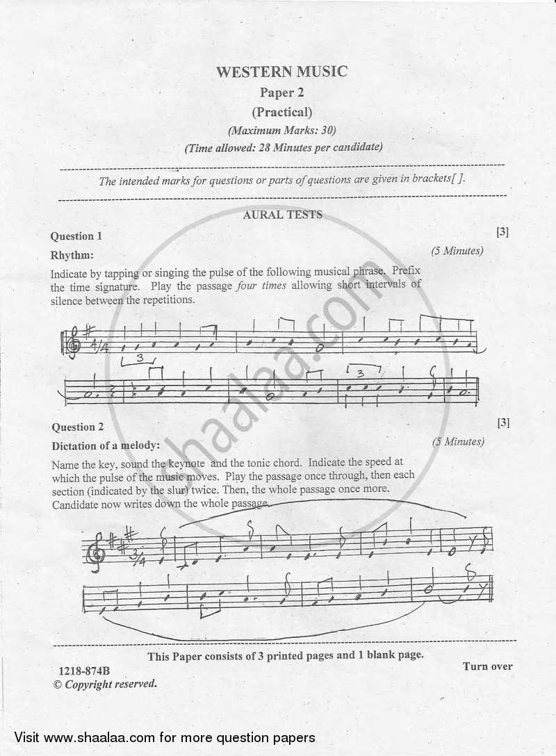 Western Music (Practical) 2017-2018 - I.S.C. - Class 12 - CISCE (Council for the Indian School Certificate Examinations) question paper with PDF download