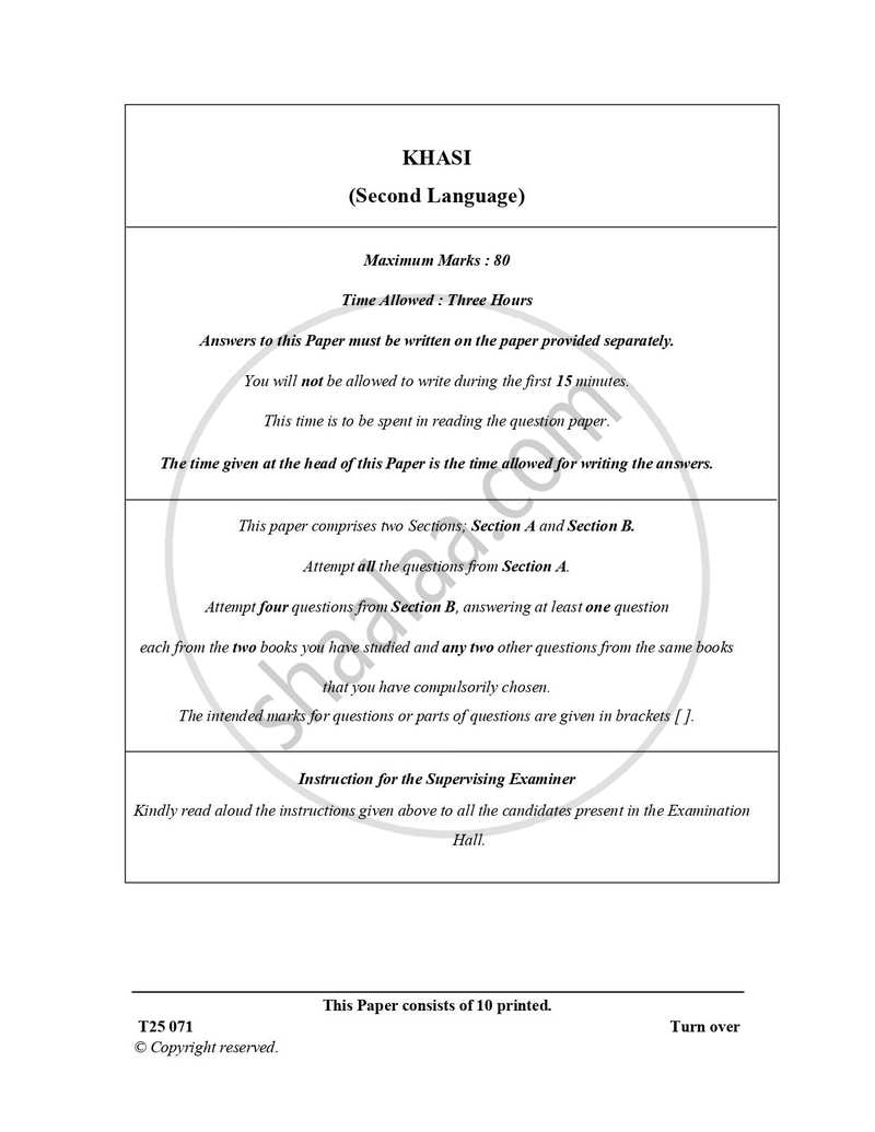 Khasi 2024-2025 ICSE Class 10  - CISCE (Council for the Indian School Certificate Examinations) question paper with PDF download