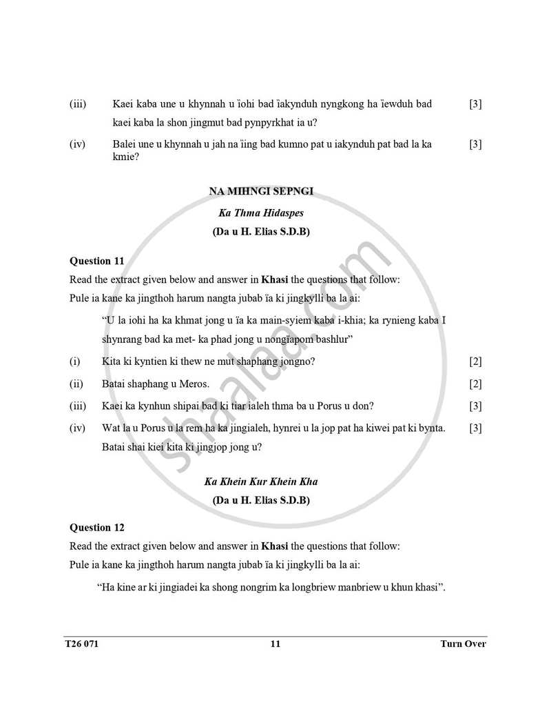 Khasi 2025-2026 ICSE Class 10 - CISCE (Council for the Indian School Certificate Examinations) question paper with PDF download