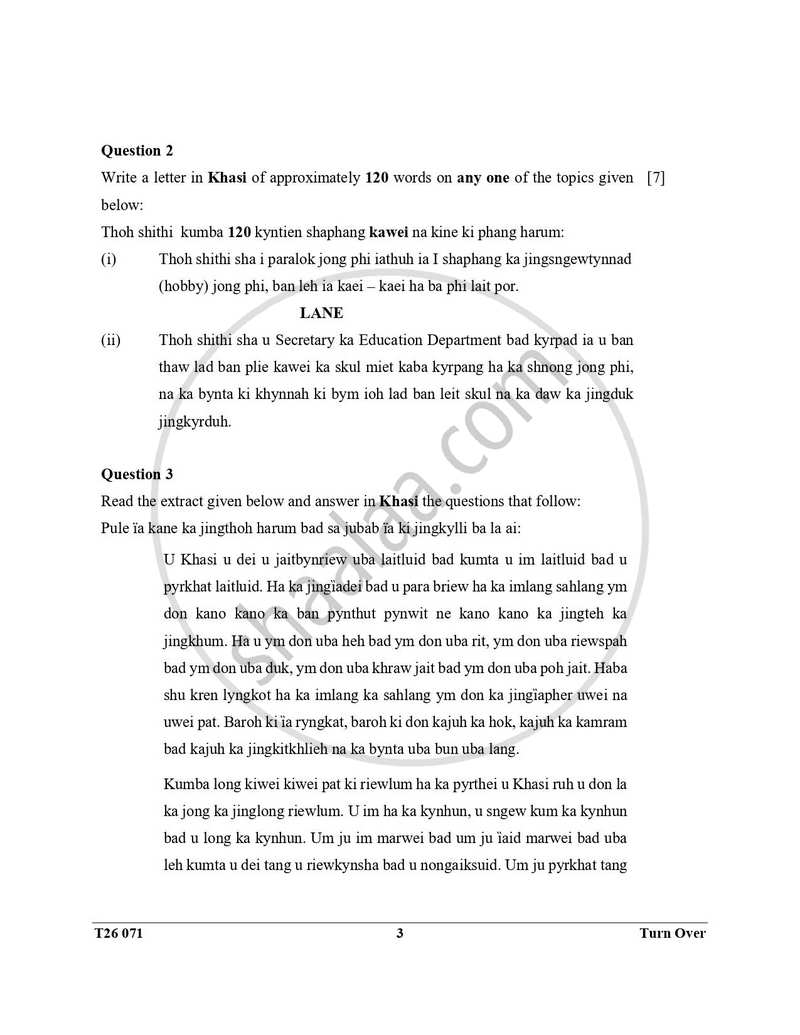Khasi 2025-2026 ICSE Class 10 - CISCE (Council for the Indian School Certificate Examinations) question paper with PDF download