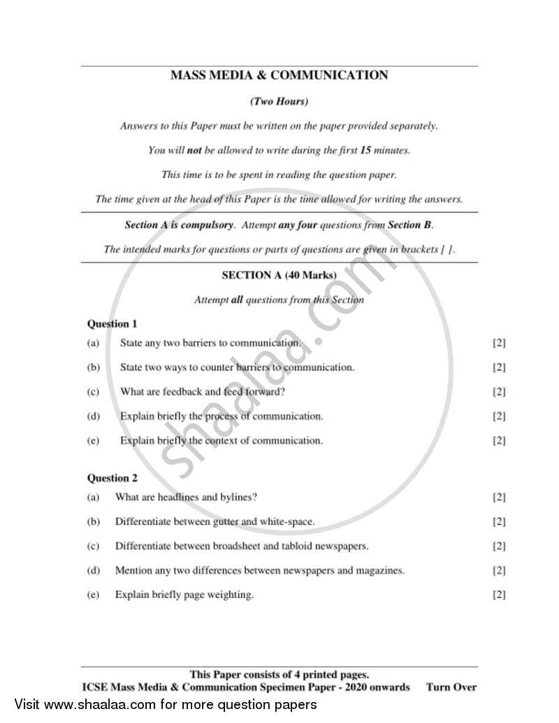 Mass Media and Communication 2019-2020 ICSE Class 10  - CISCE (Council for the Indian School Certificate Examinations) question paper with PDF download