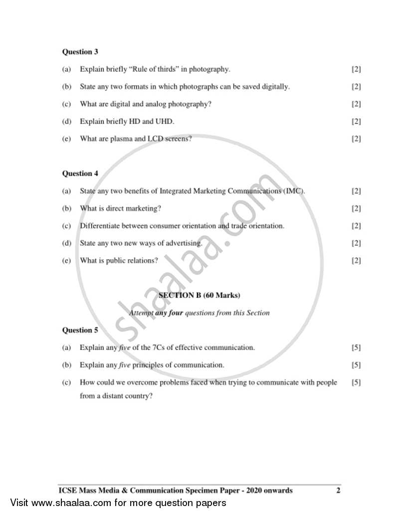 Mass Media and Communication 2019-2020 ICSE Class 10  - CISCE (Council for the Indian School Certificate Examinations) question paper with PDF download