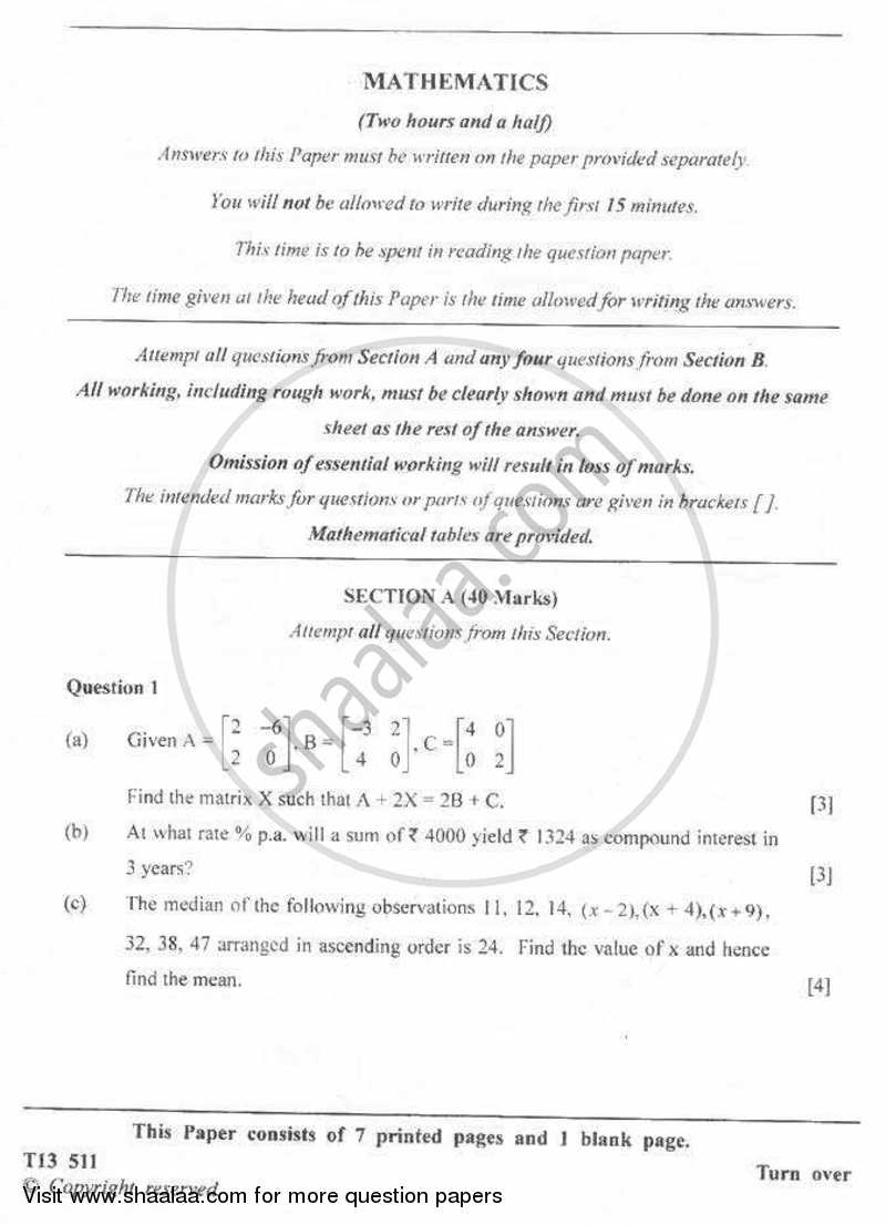 Mathematics 2012-2013 ICSE Class 10  - CISCE (Council for the Indian School Certificate Examinations) question paper with PDF download