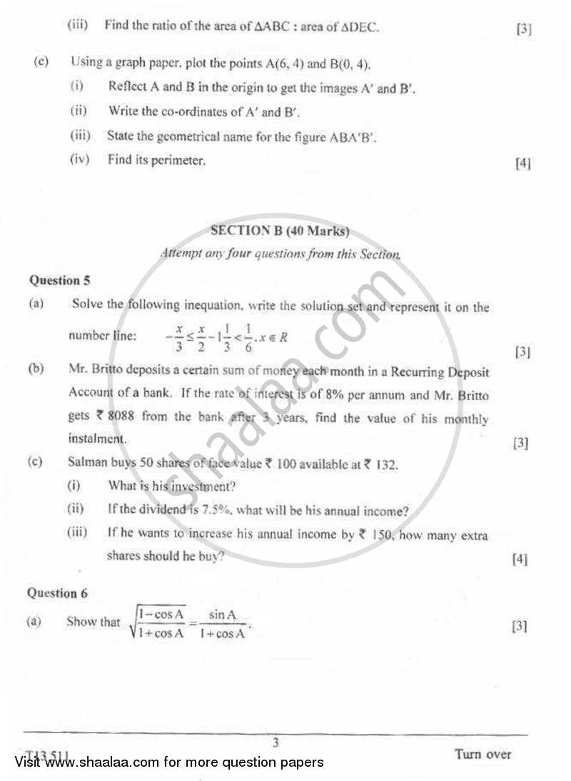 Mathematics 2012-2013 ICSE Class 10  - CISCE (Council for the Indian School Certificate Examinations) question paper with PDF download