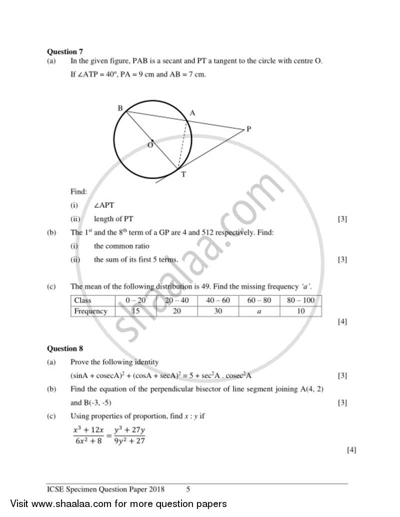 Mathematics 2017-2018 ICSE Class 10  - CISCE (Council for the Indian School Certificate Examinations) question paper with PDF download