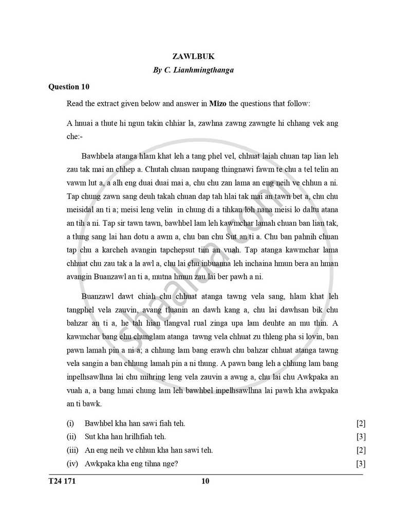 Mizo 2023-2024 ICSE Class 10 - CISCE (Council for the Indian School Certificate Examinations) question paper with PDF download
