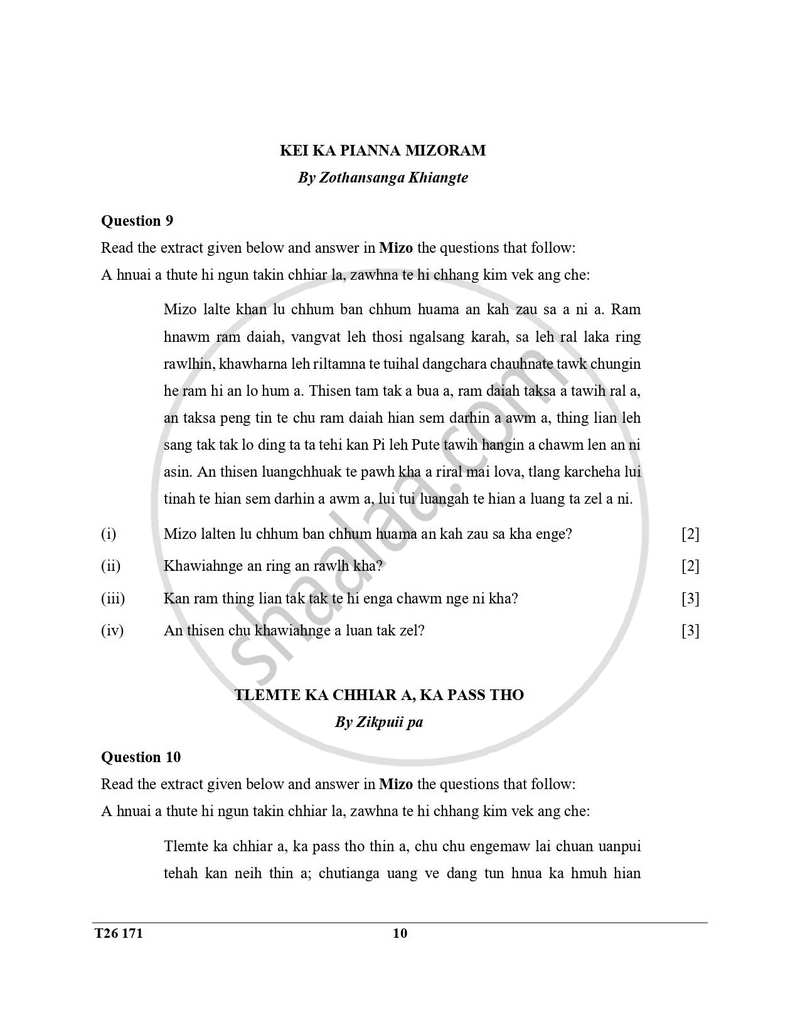 Mizo 2025-2026 ICSE Class 10 - CISCE (Council for the Indian School Certificate Examinations) question paper with PDF download