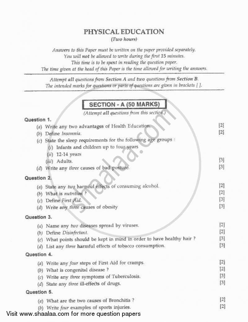 Physical Education 2010-2011 ICSE Class 10  - CISCE (Council for the Indian School Certificate Examinations) question paper with PDF download