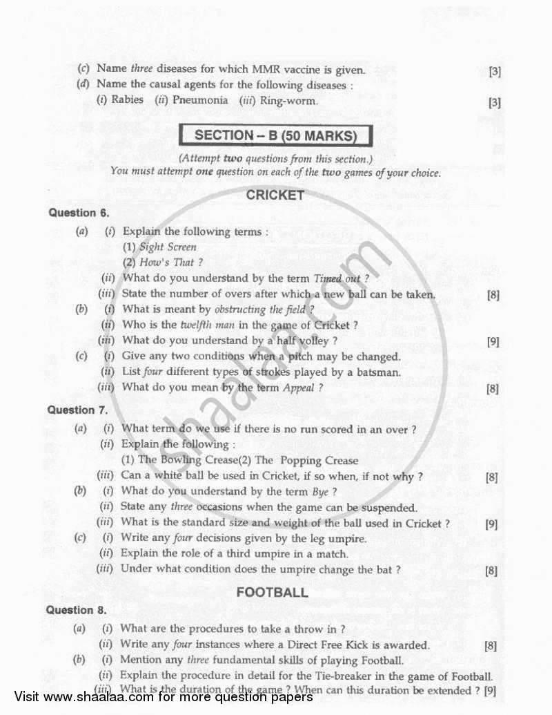 Physical Education 2010-2011 ICSE Class 10  - CISCE (Council for the Indian School Certificate Examinations) question paper with PDF download