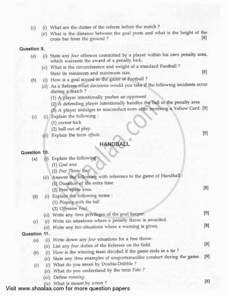 Physical Education 2010-2011 ICSE Class 10  - CISCE (Council for the Indian School Certificate Examinations) question paper with PDF download